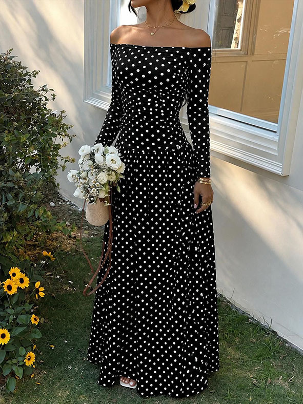Sexy Off-Shoulder Polka Dot A-Line Dress with Waist-Cinching Silhouette