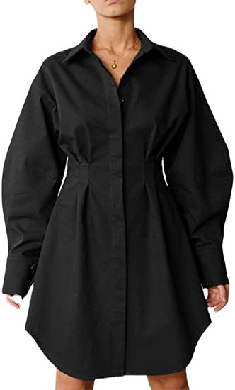 Women's Shirt Dress with Waist Tie, Slimming Long Sleeve, Retro A-Line Mini