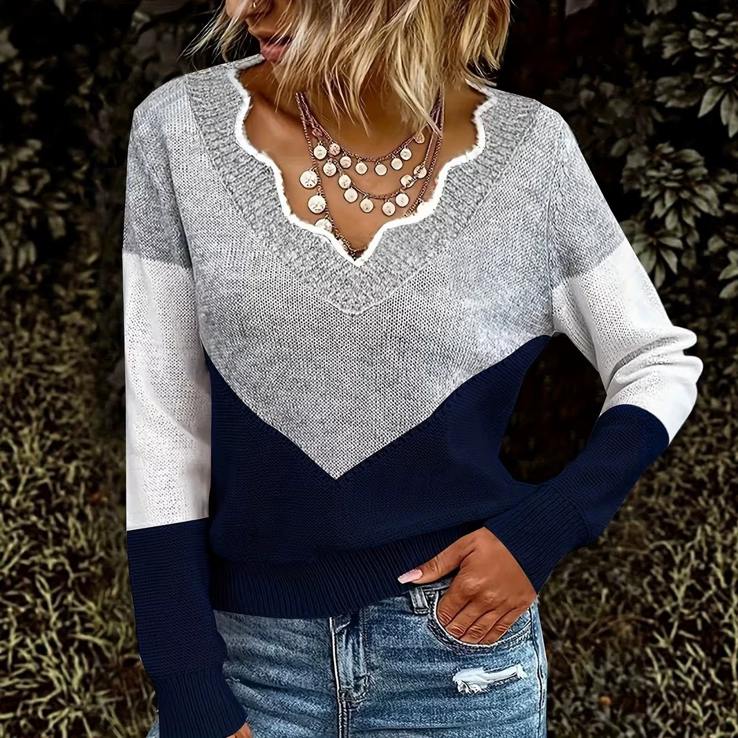 Women's Color-Block V-Neck Knit Pullover Sweater