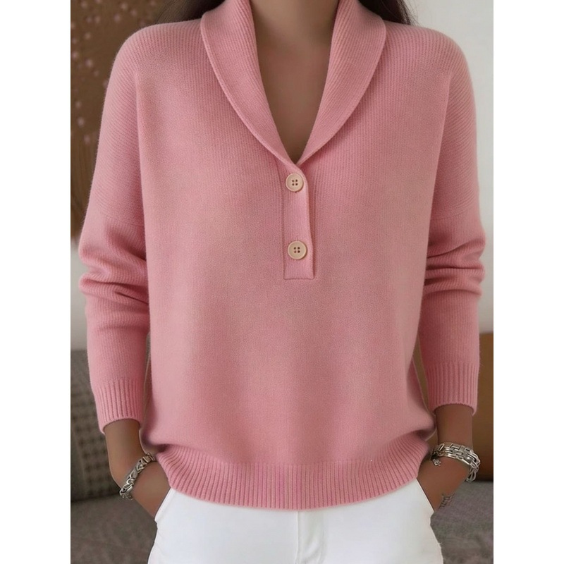 Women's Knit Button Polo Sweater Solid Color Casual Loose Fit Long Sleeve