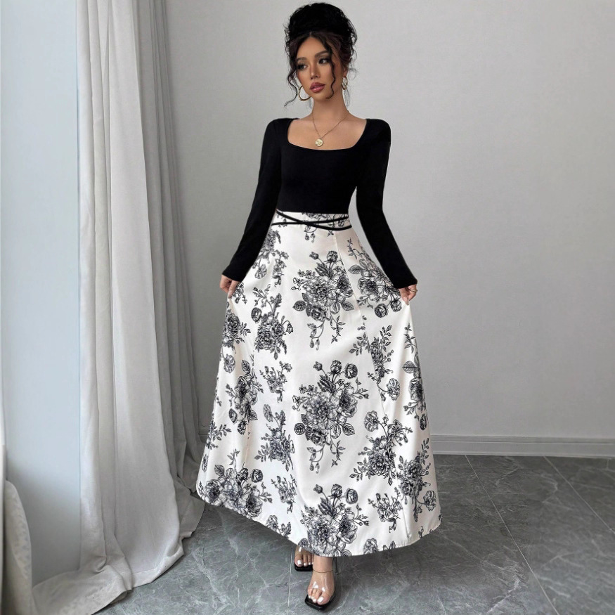 Floral Square Neck Tie-Waist Long Sleeve Midi Dress