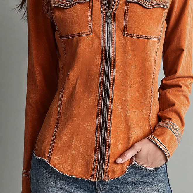 Retro Burnt Orange Zip Denim Jacket