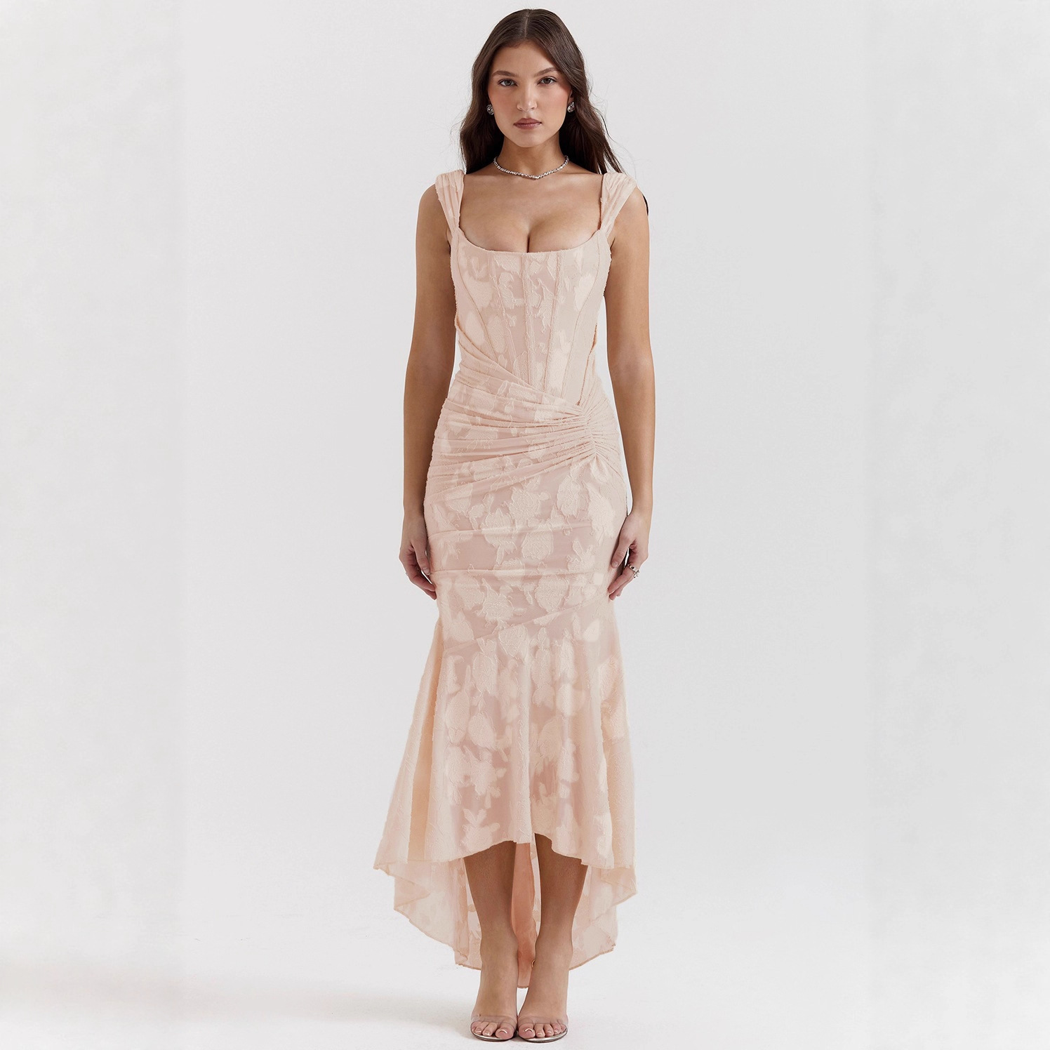 Square-Neck Sleeveless Jacquard Mermaid Maxi Dress with High Waist