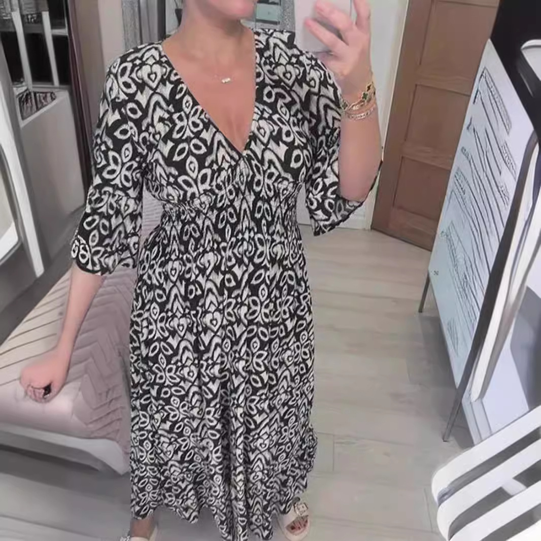 Women's Plus Size V-Neck Floral Print Midi Dress with Bell Sleeves
