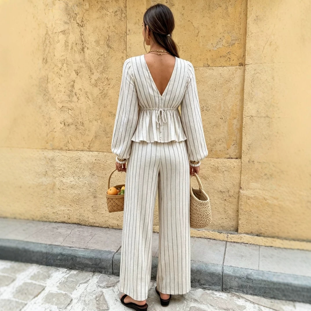 V-Neck Tie Striped Long Sleeve Top and Pants Two-Piece Set