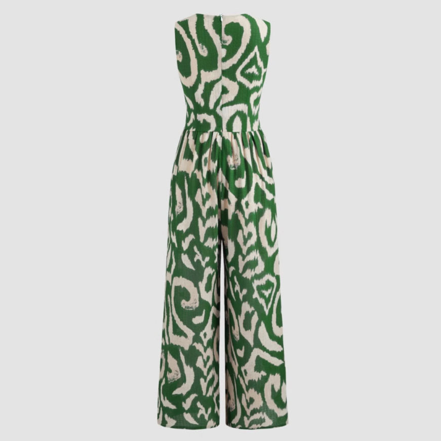 Women's Deep V-Neck Abstract Print Sleeveless Jumpsuit with Waist-Cinching Straight Leg