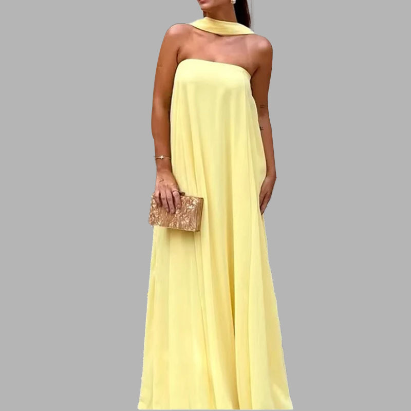 Women's Strapless Long Evening Dress Solid Color High Waist
