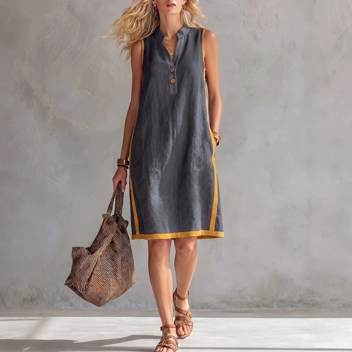 V-Neck Button-Down Sleeveless Midi Dress with Contrast Trim and Pockets