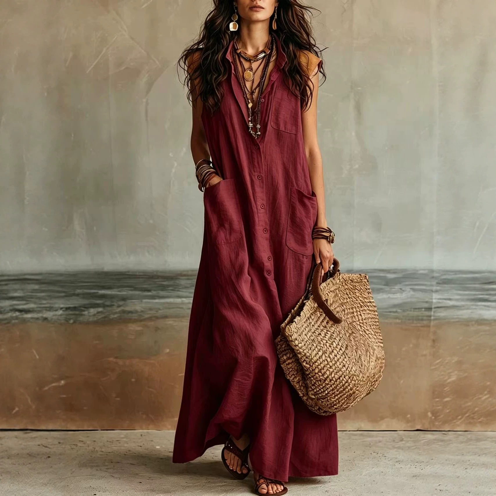 Off-Shoulder Boho Shirt Dress Loose Fit Long