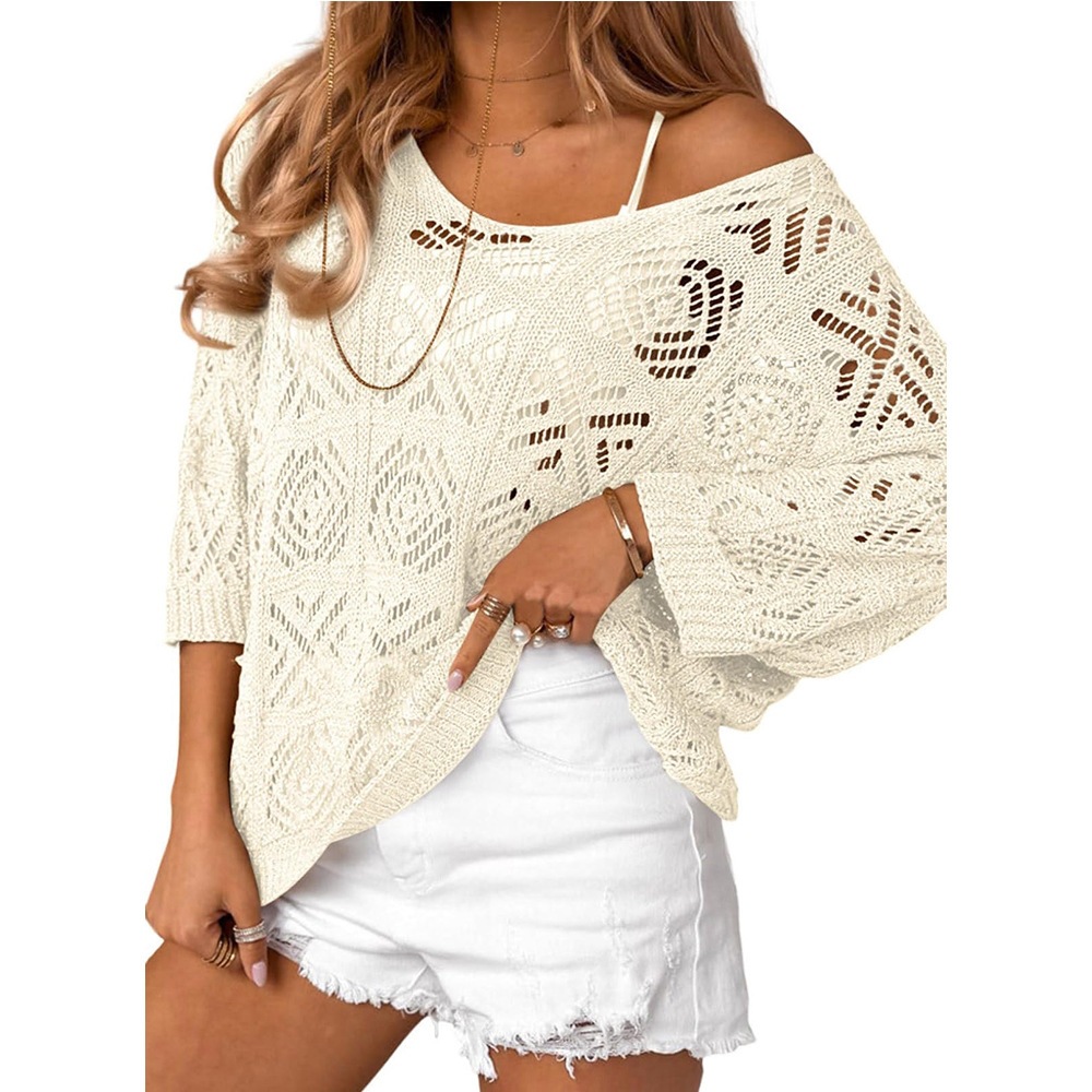 V-Neck Hollow-Out Loose 3/4 Sleeve Sweater Beach Cover-Up