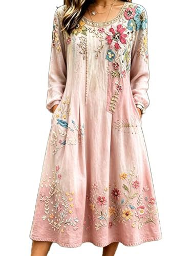 Women's Bohemian Floral Print Pleated Long Sleeve Midi Dress