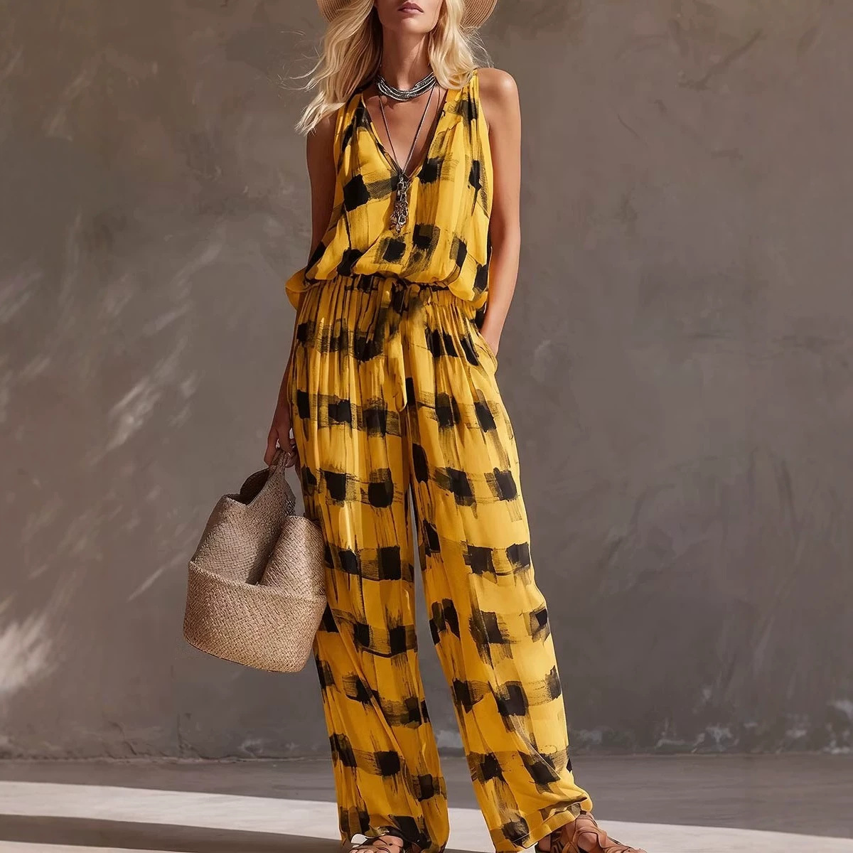 Women's Sleeveless V-Neck Printed Elastic Waist Two-Piece Set