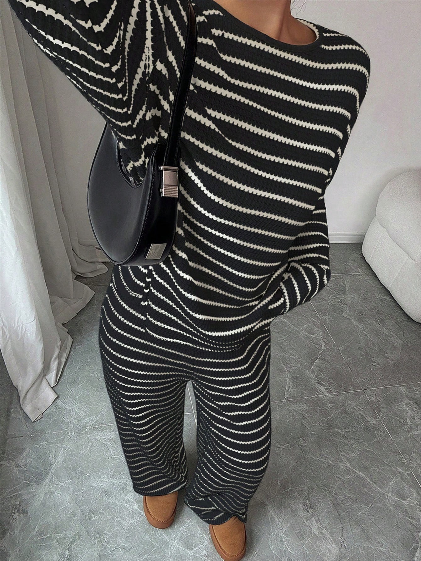 Women's Striped Lounge Set Long Sleeve Crewneck Tee and Pants