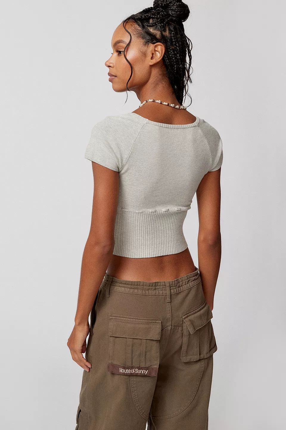 Square Neck Short Sleeve Tie-Front Cropped Knit Top