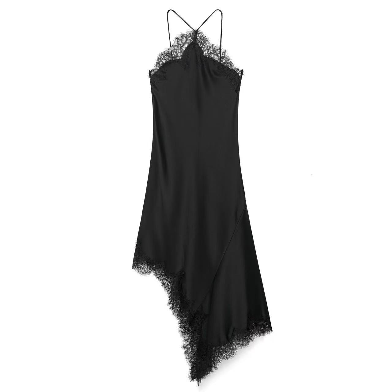 Women's Lace-Trim Satin-Feel Midi Dress with Collar