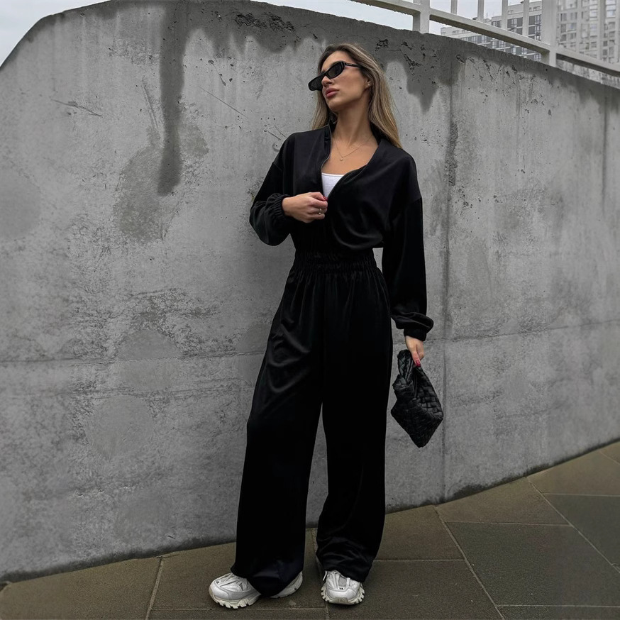 Women's Long Sleeve Jumpsuit with Half Placket and Elastic Waist