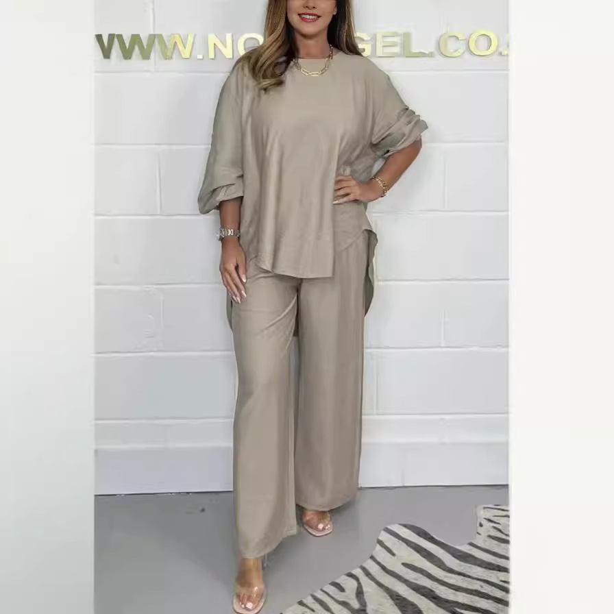 Acetate Satin Wide-Leg Pants Set with Lantern Sleeve Top