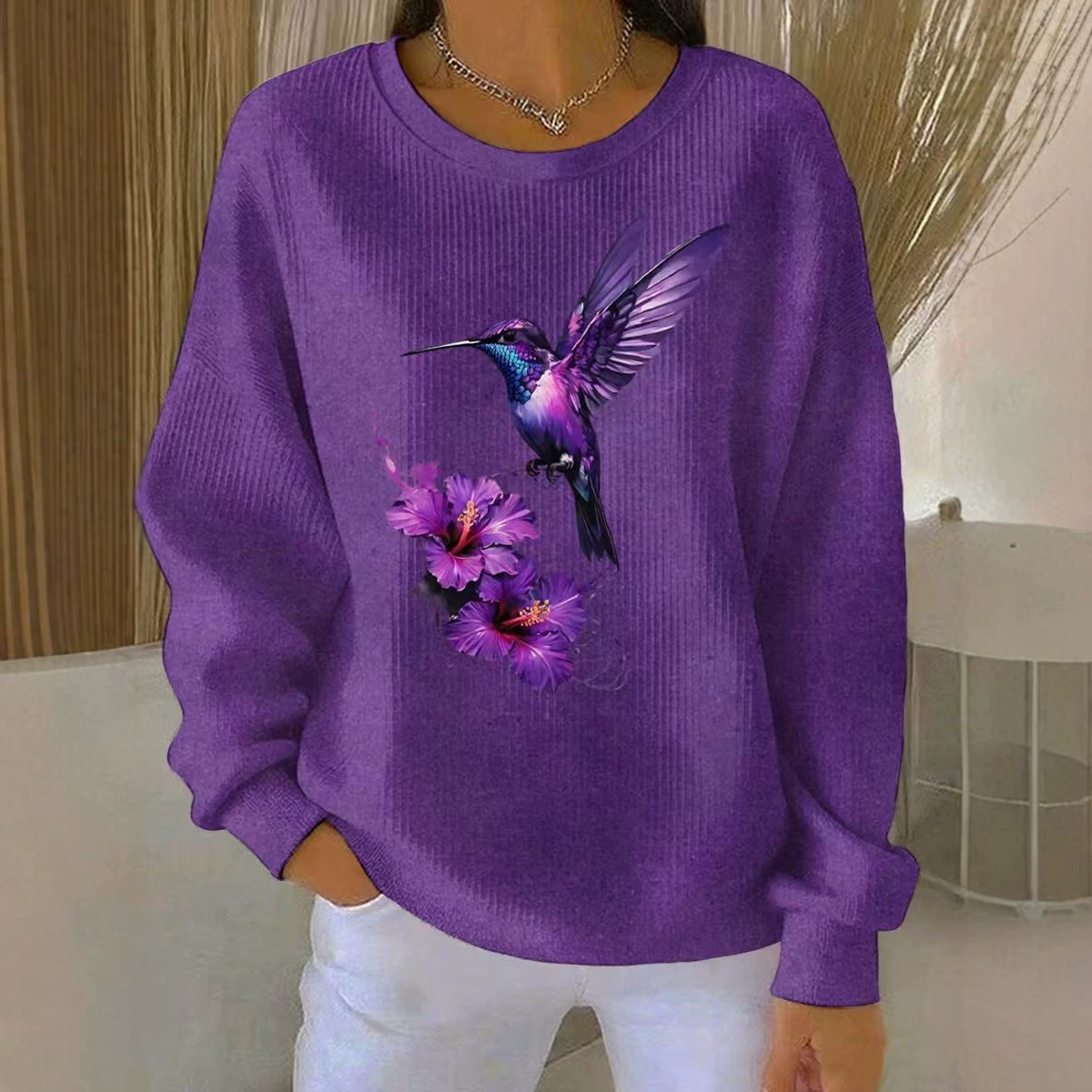 Purple Hummingbird Floral Print Crewneck Long-Sleeve Pullover Sweatshirt