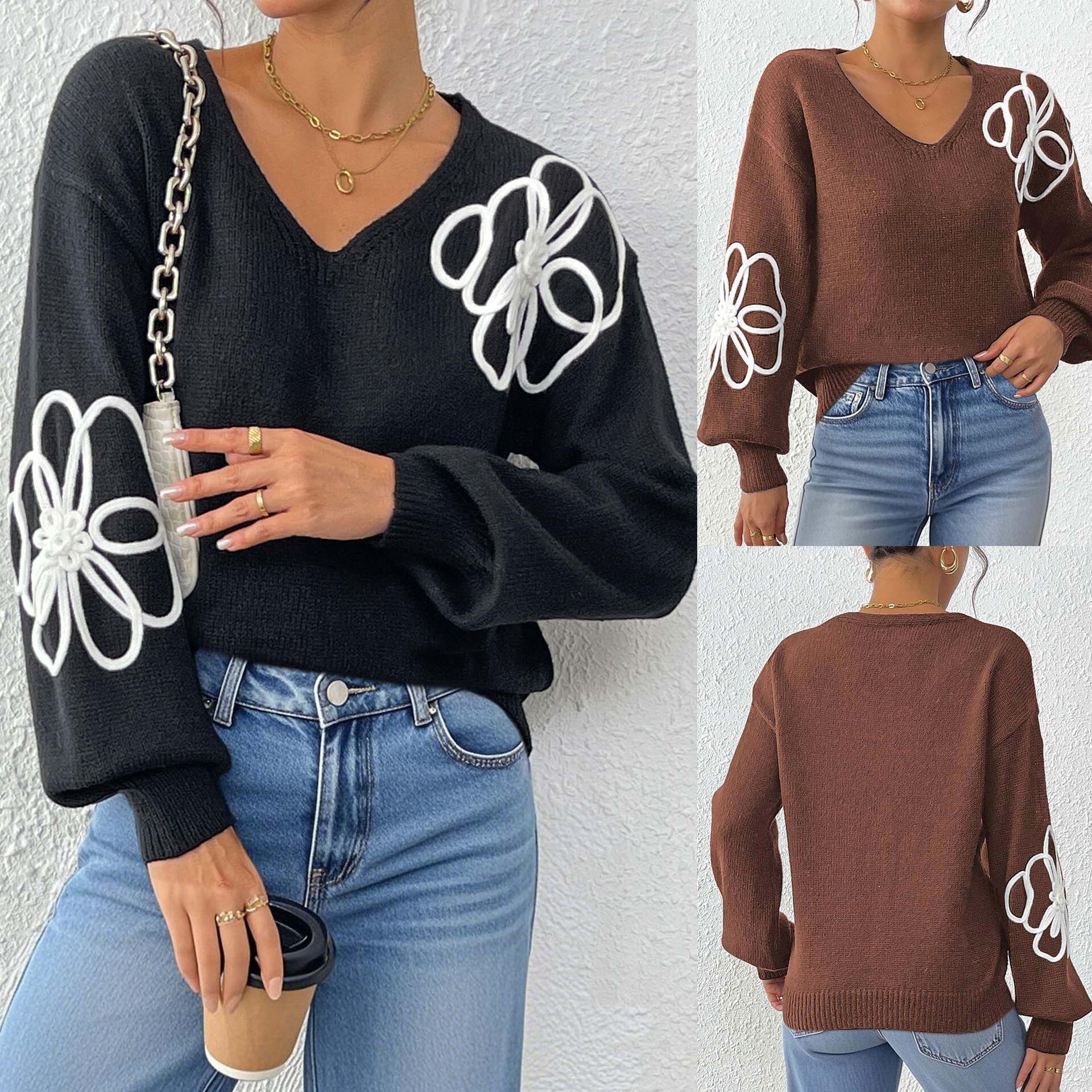 Floral Ribbon Embroidered V-Neck Pullover Sweater