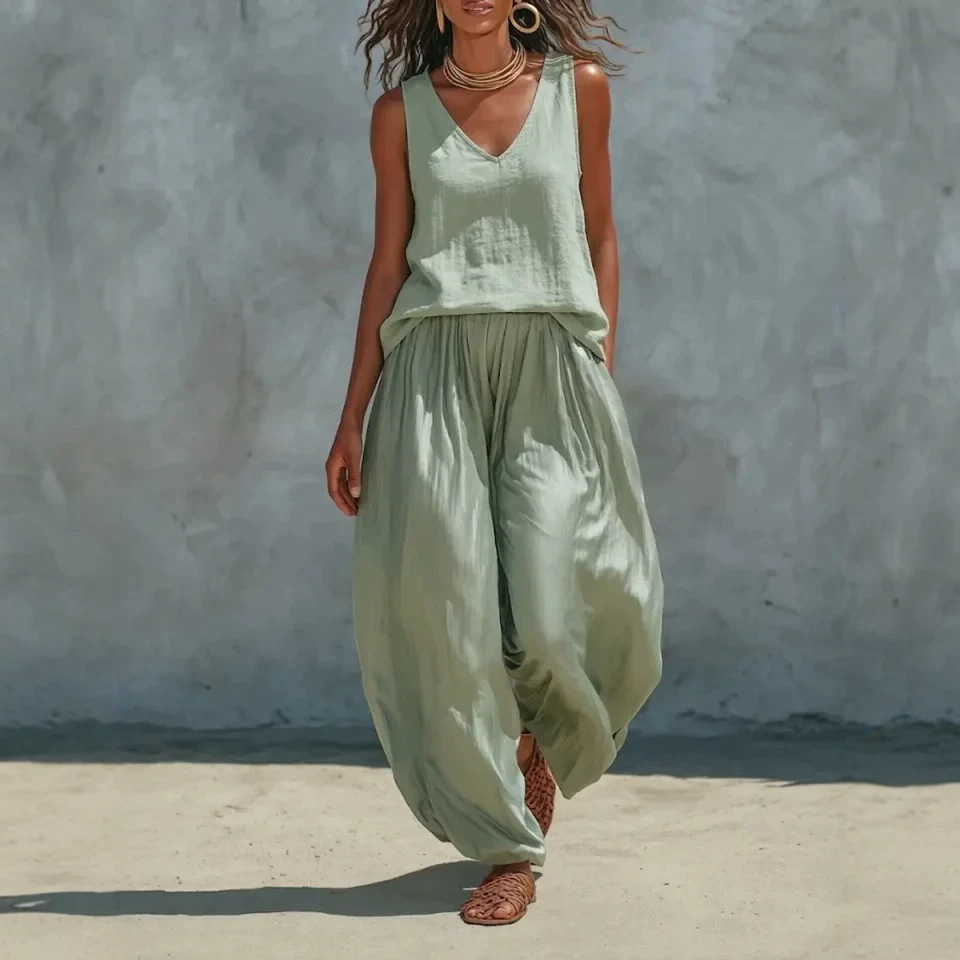 Women's Sleeveless Linen-Blend Shirt Set Casual Vacation Outfit