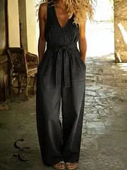 Women's Summer Pleated Loose Denim Jumpsuit with Pockets