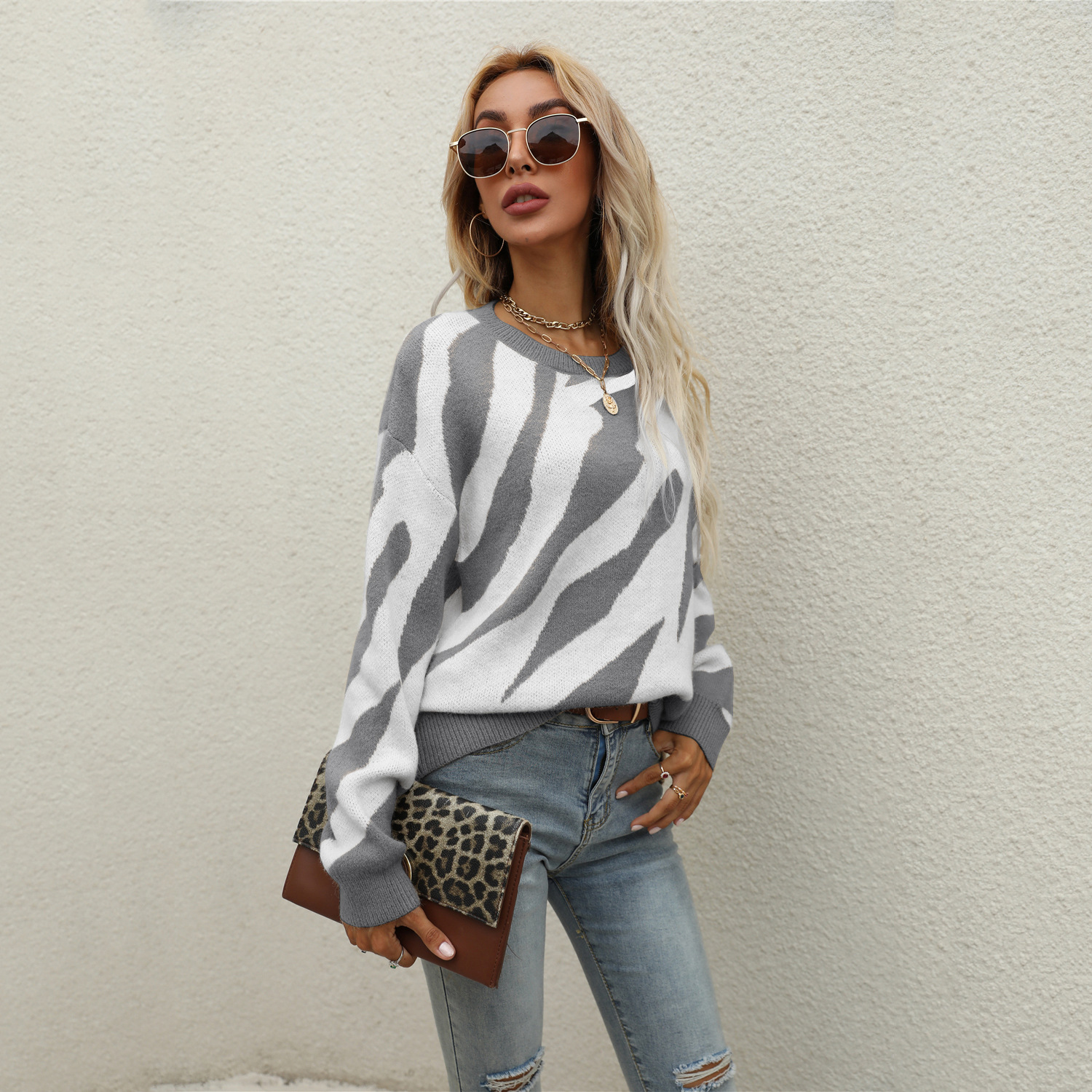 Striped Knit Pullover Sweater with Round Neck, Plus Size