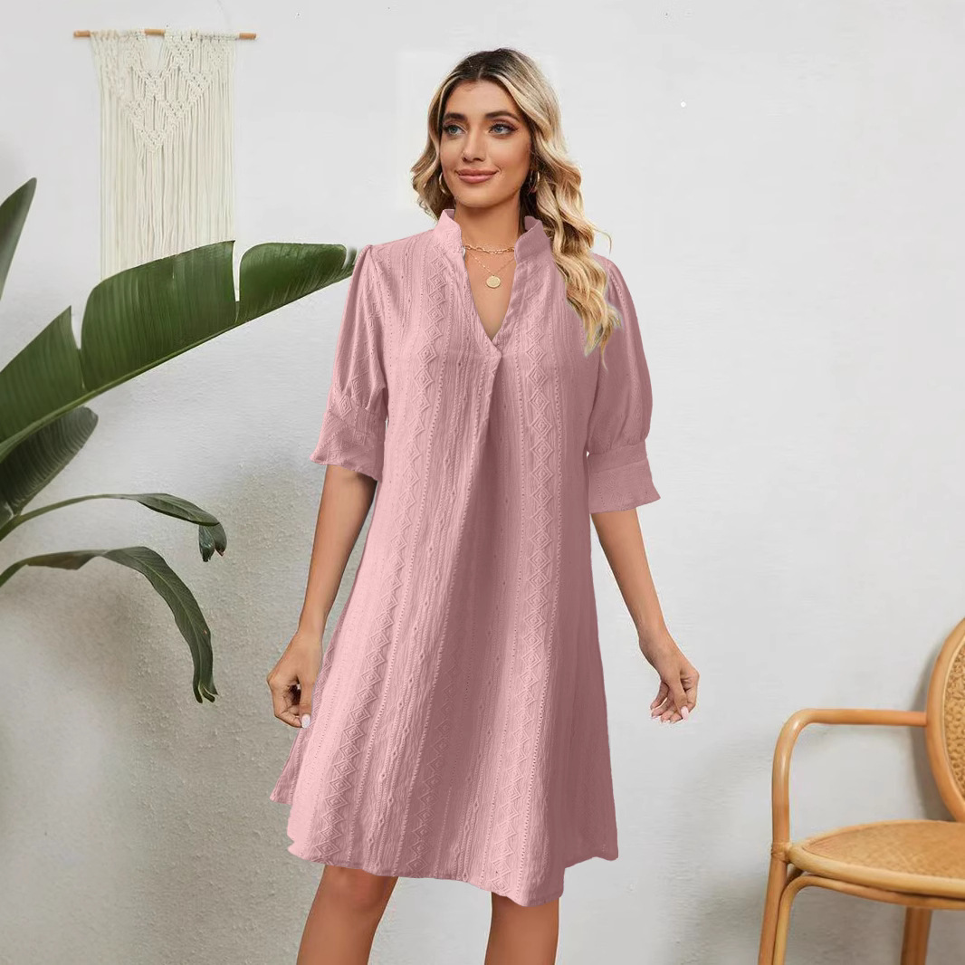 Women's V-Neck Half-Sleeve Pleated Solid Dress