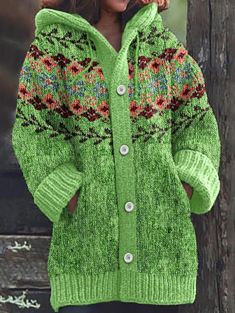 Women's Floral Leaf Print Hooded Button Cardigan Sweater