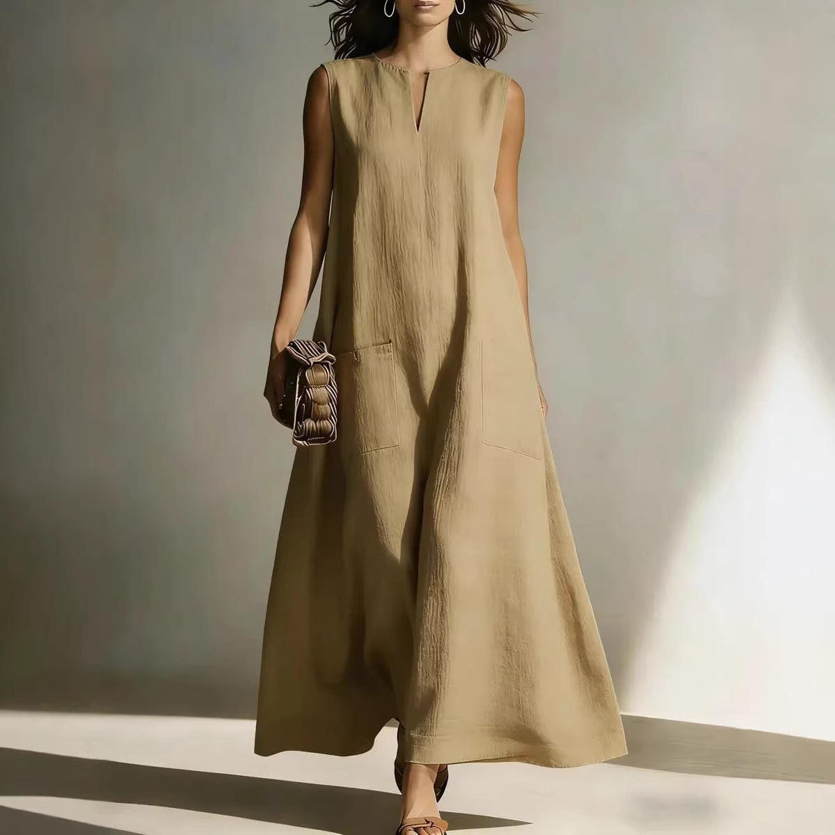 Women's Sleeveless Cotton-Like Linen A-Line Midi Dress