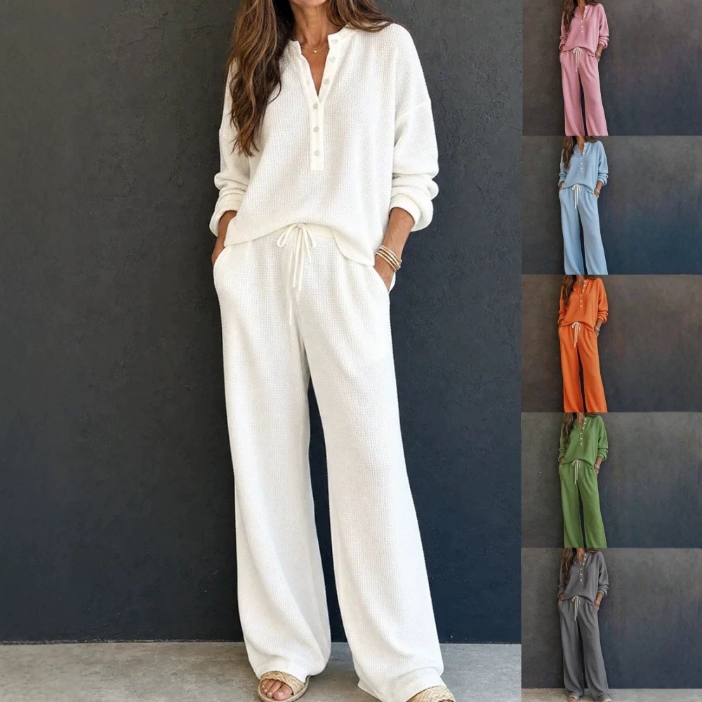 Women's Retro Waffle Knit Long Sleeve Top and Pants Set