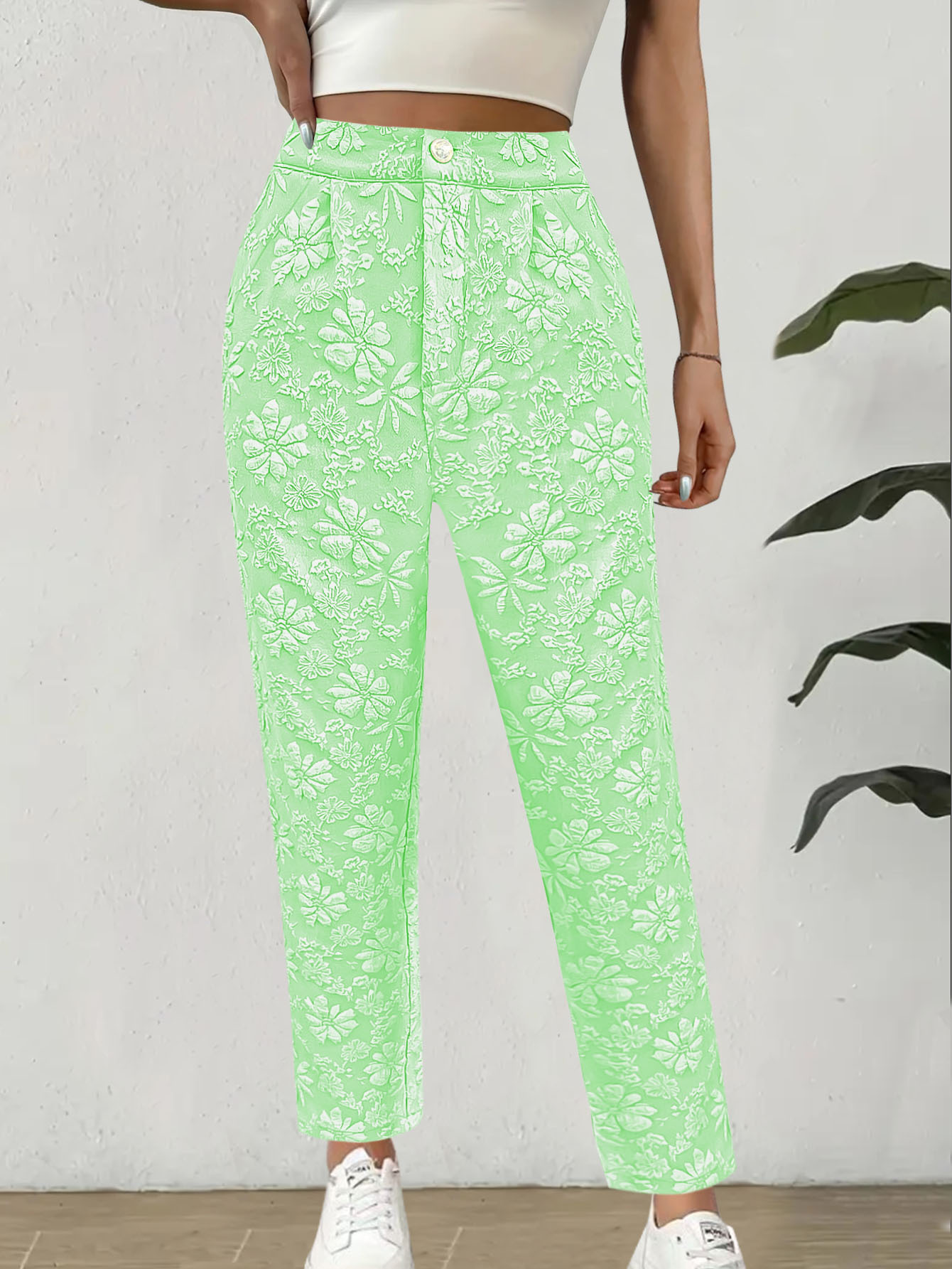 Floral Jacquard High-Waist Straight-Leg Pants with Pockets