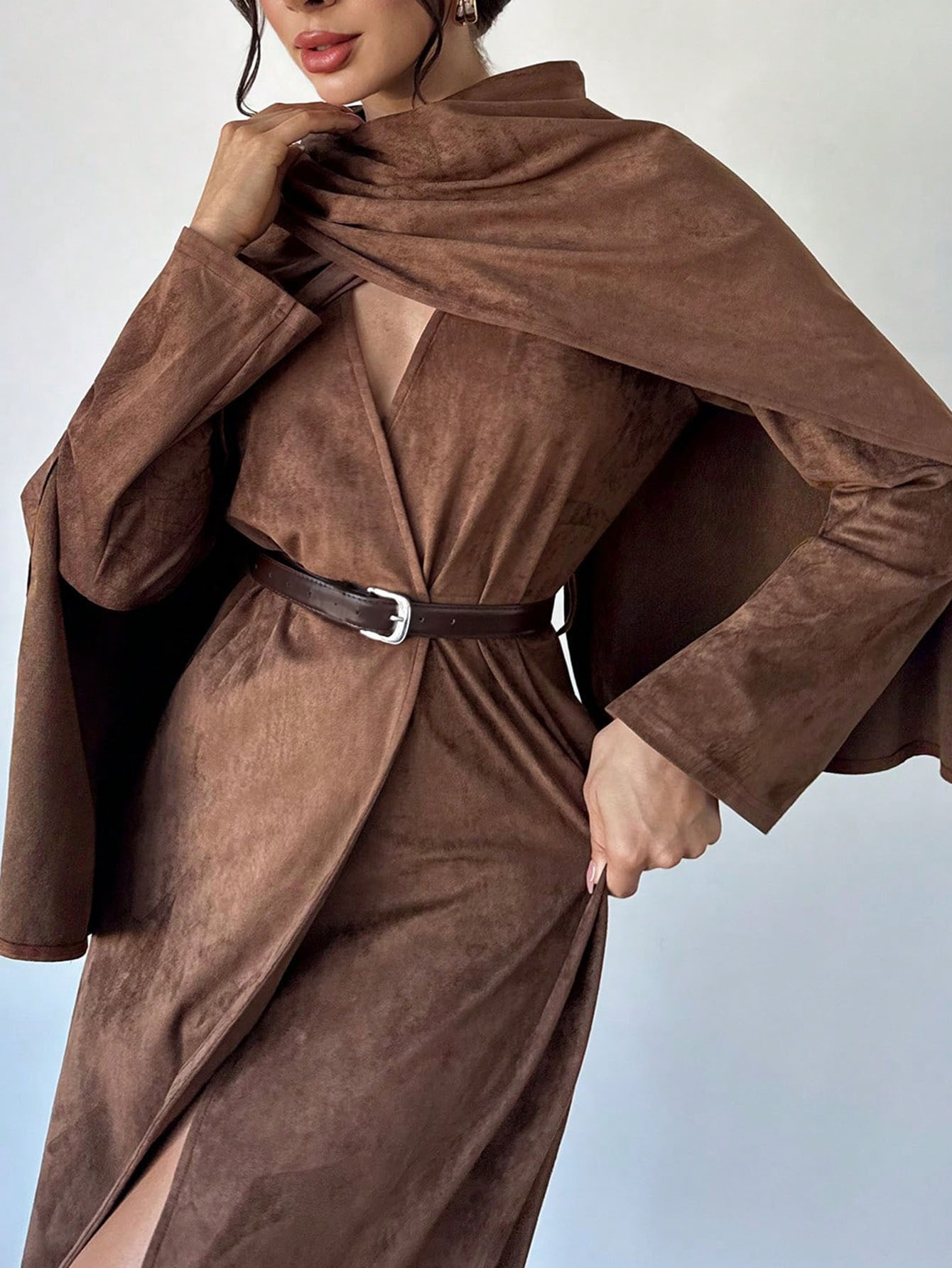 Solid Color Waist-Cinched Midi Dress with Batwing Sleeves