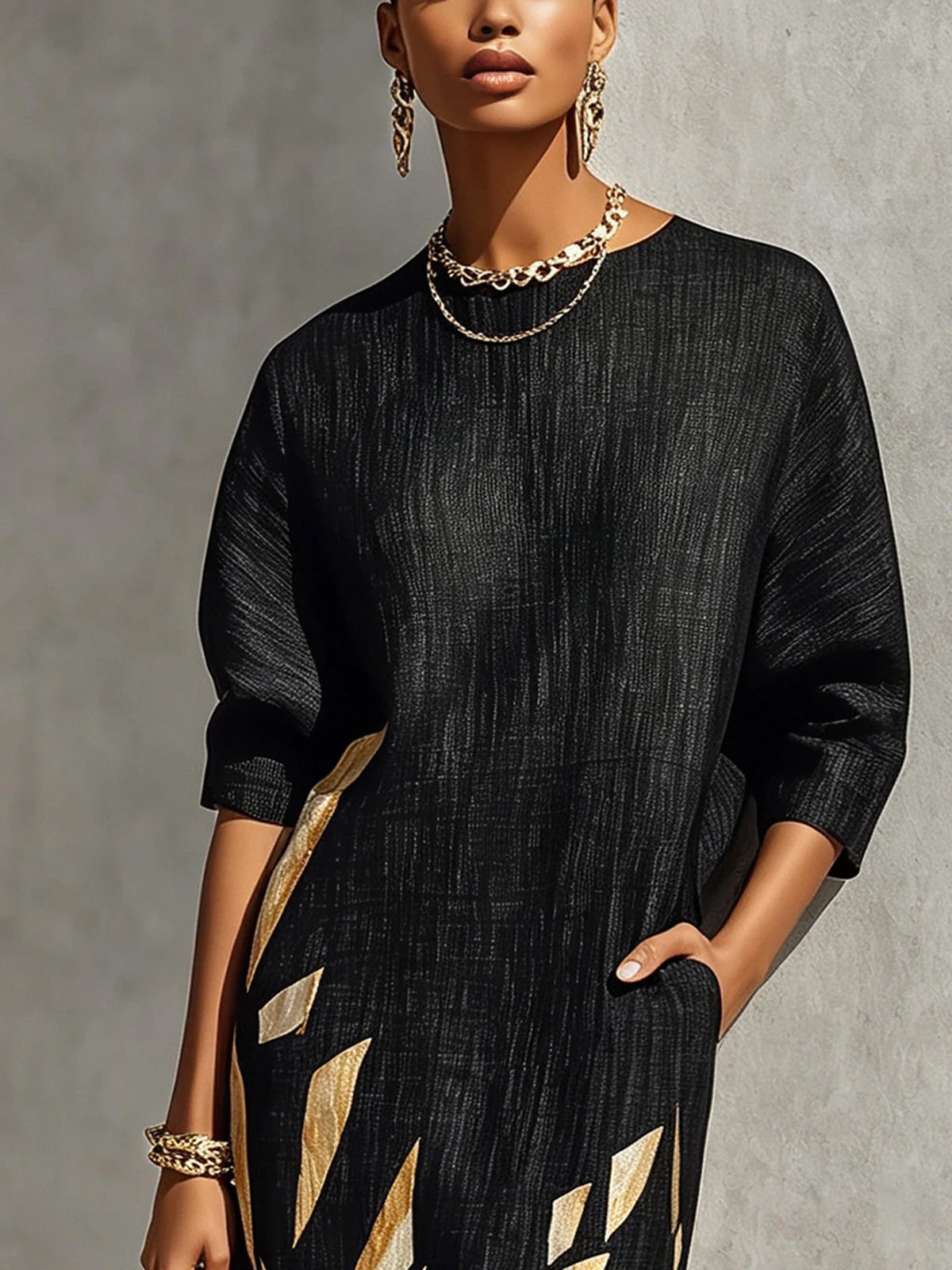 Black & Gold Geometric Print Crew Neck Midi Dress with Pockets