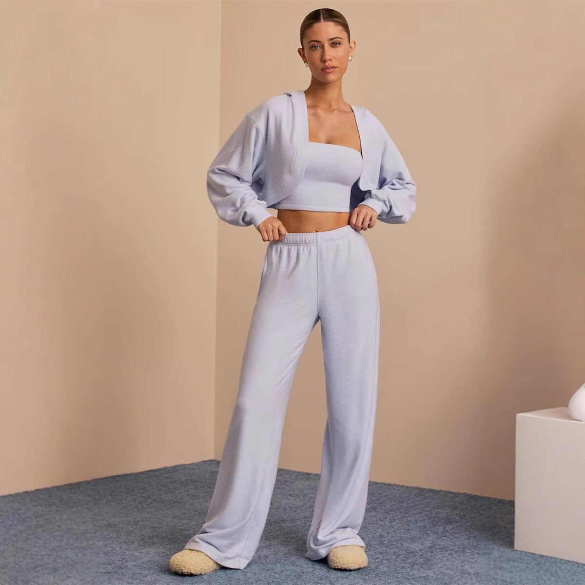 Women's Solid Color Cropped Hooded Three-Piece Pants Set Casual Streetwear