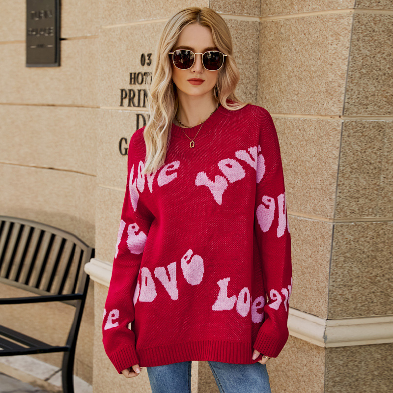 Letter Jacquard Plus-Size Pullover Knit Sweater