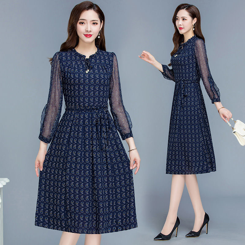 Floral Print A-Line Midi Dress with Mesh Splicing and Waist Tie