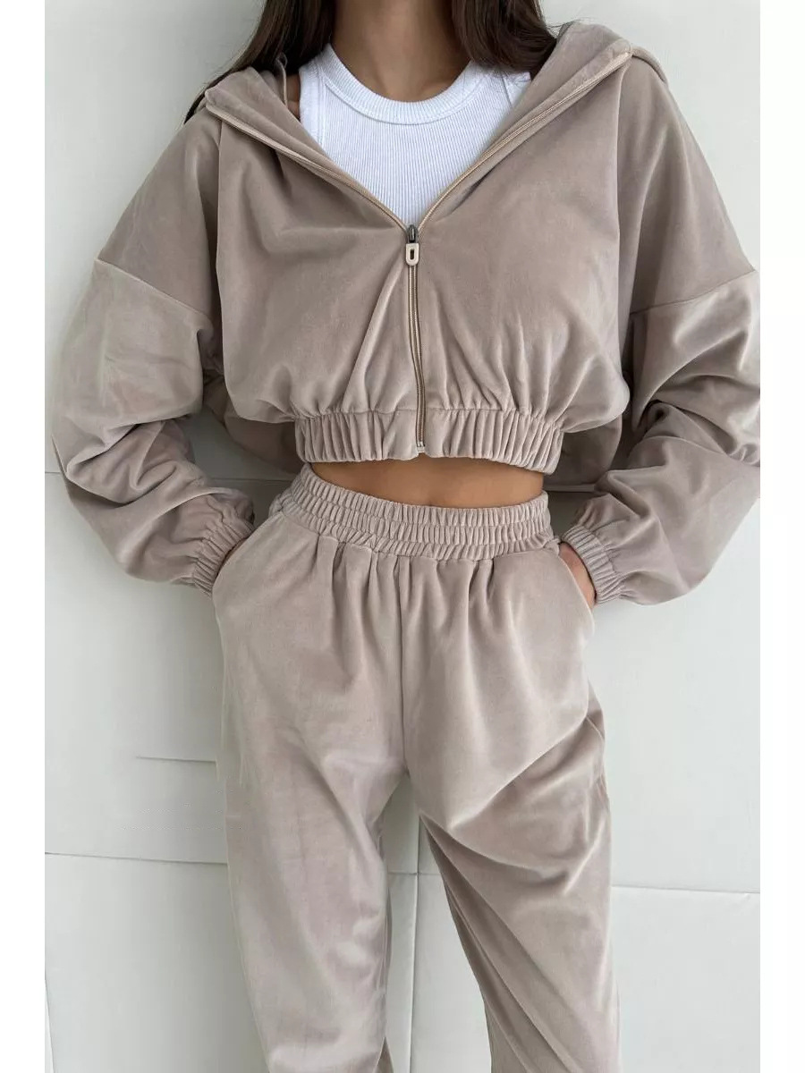 Women's Hooded Zip-Up Sweatsuit 2-Piece Set, Velvet, Long Sleeve