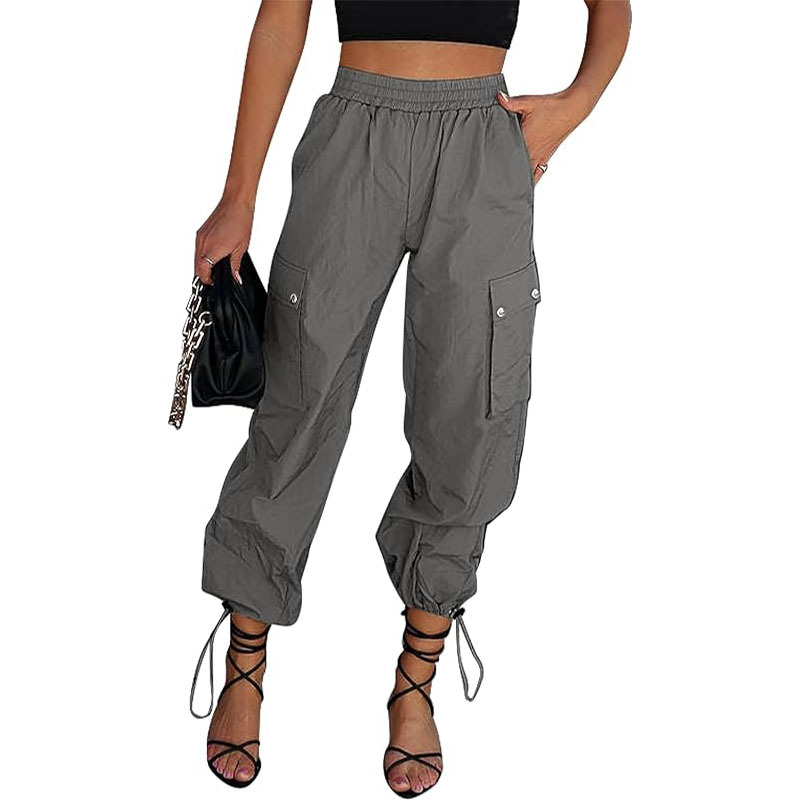 Women's High-Waist Parachute Cargo Pants with Drawstring and Pockets