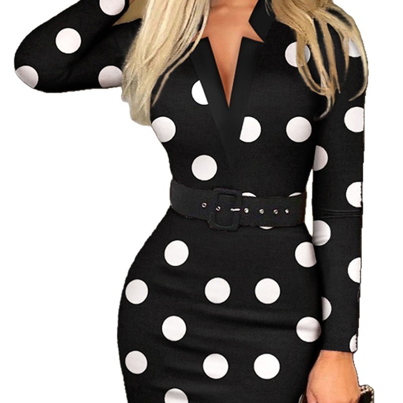 Plaid V-Neck Bodycon Long Sleeve Dress with Belt