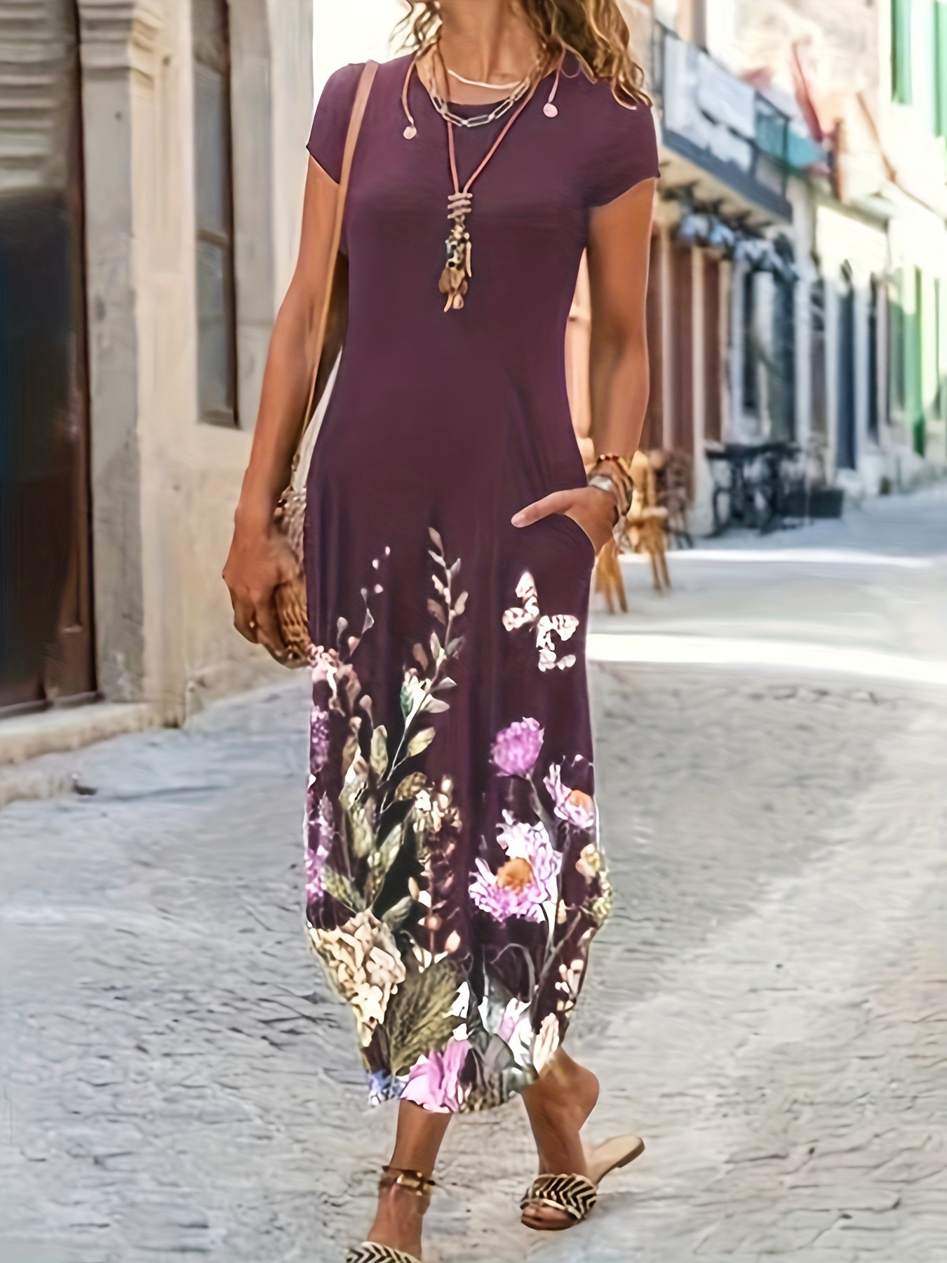 Floral Print Pocket Midi Dress Casual Short Sleeve A-Line
