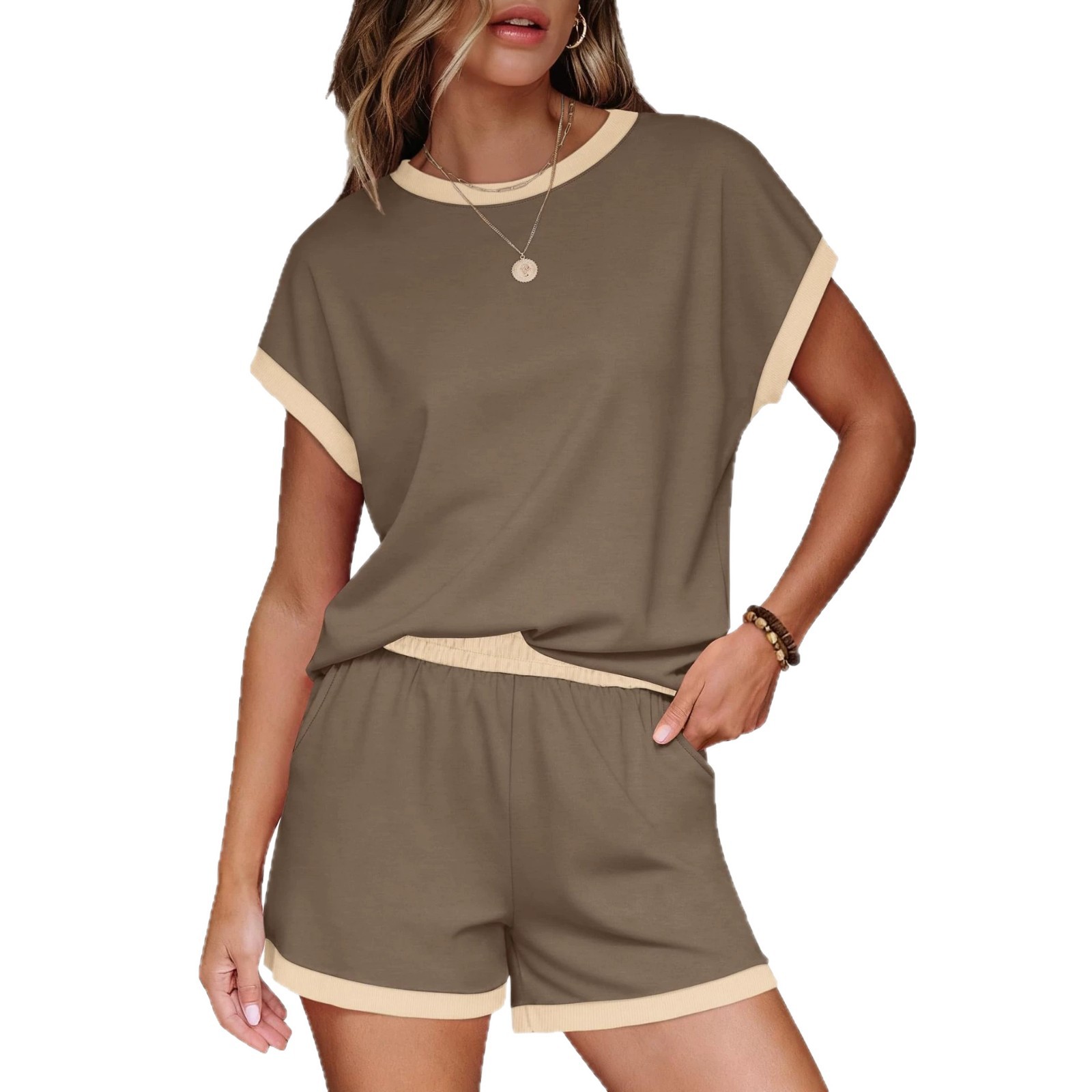 Women's Color-Block Striped Short-Sleeve Tee & Shorts Two-Piece Set