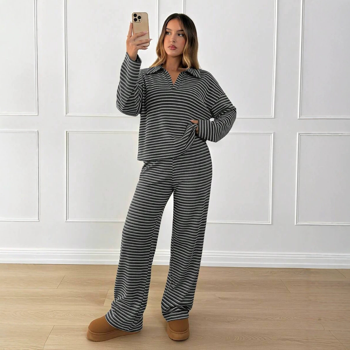 Color-Block Striped Collared Long-Sleeve Top & Wide-Leg Pants Loungewear Set