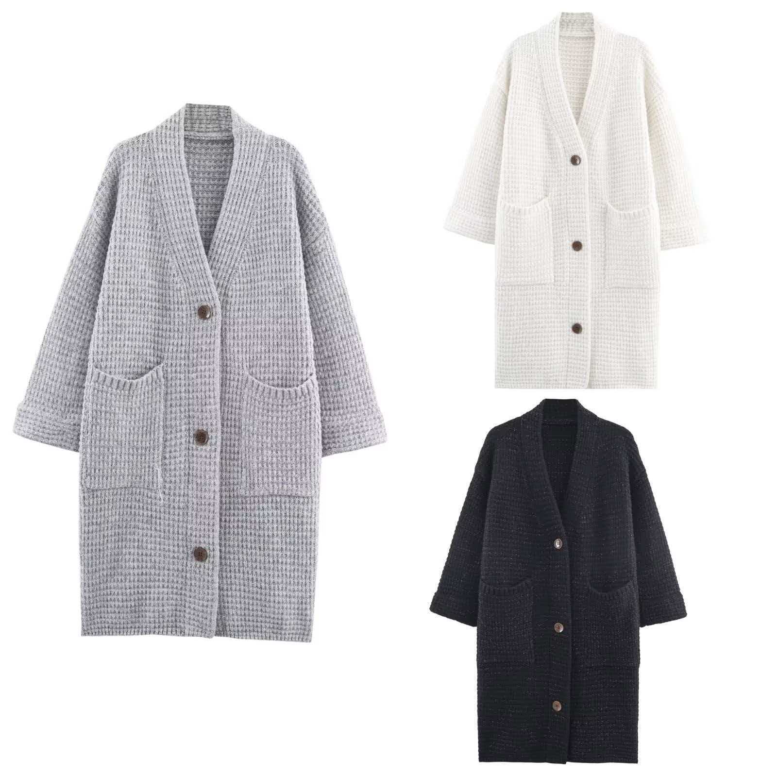 Women's Long Over-Knee Knit Cardigan V-Neck Button Front Solid
