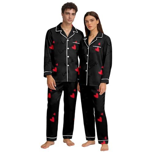 Cuban Collar Heart Print Long Sleeve Women's Set