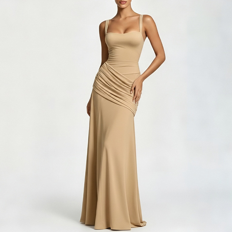Elegant Solid Pleated Waist-Cinching Midi Dress