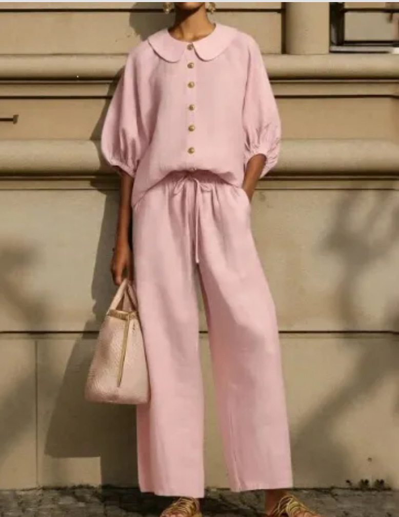 Women's Linen-Blend Collared Shirt and Wide-Leg Pants Set Casual Two-Piece