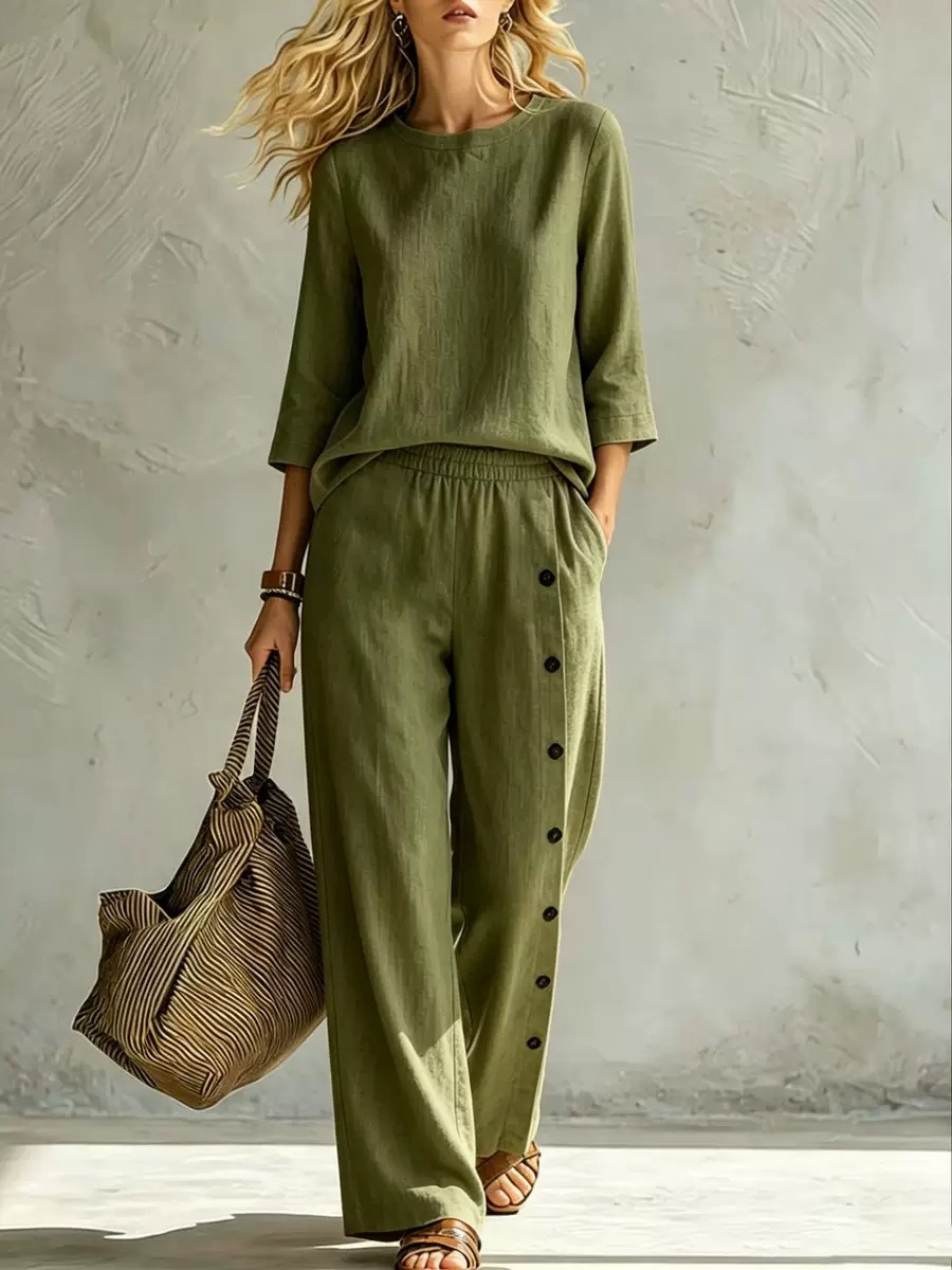 Women's Solid Color Button-Detail Two-Piece Pants Set Casual Loose Fit