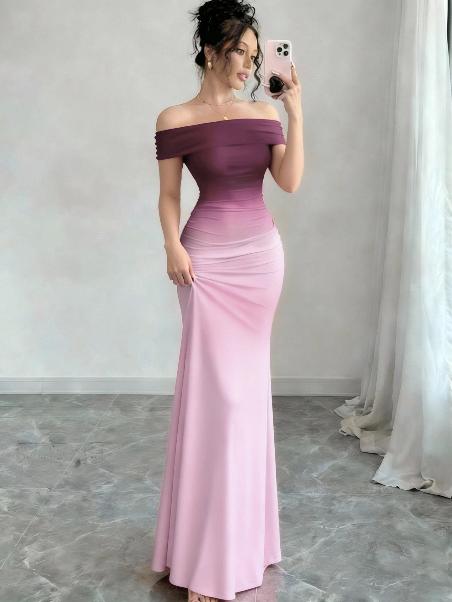Gradient Off-Shoulder Short Sleeve Bodycon Long Dress