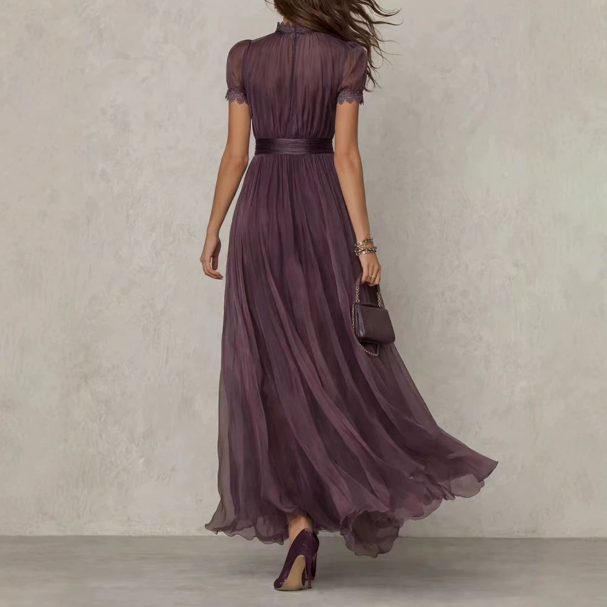 Elegant Lace-Trim Collar Waist-Cinched Midi Dress