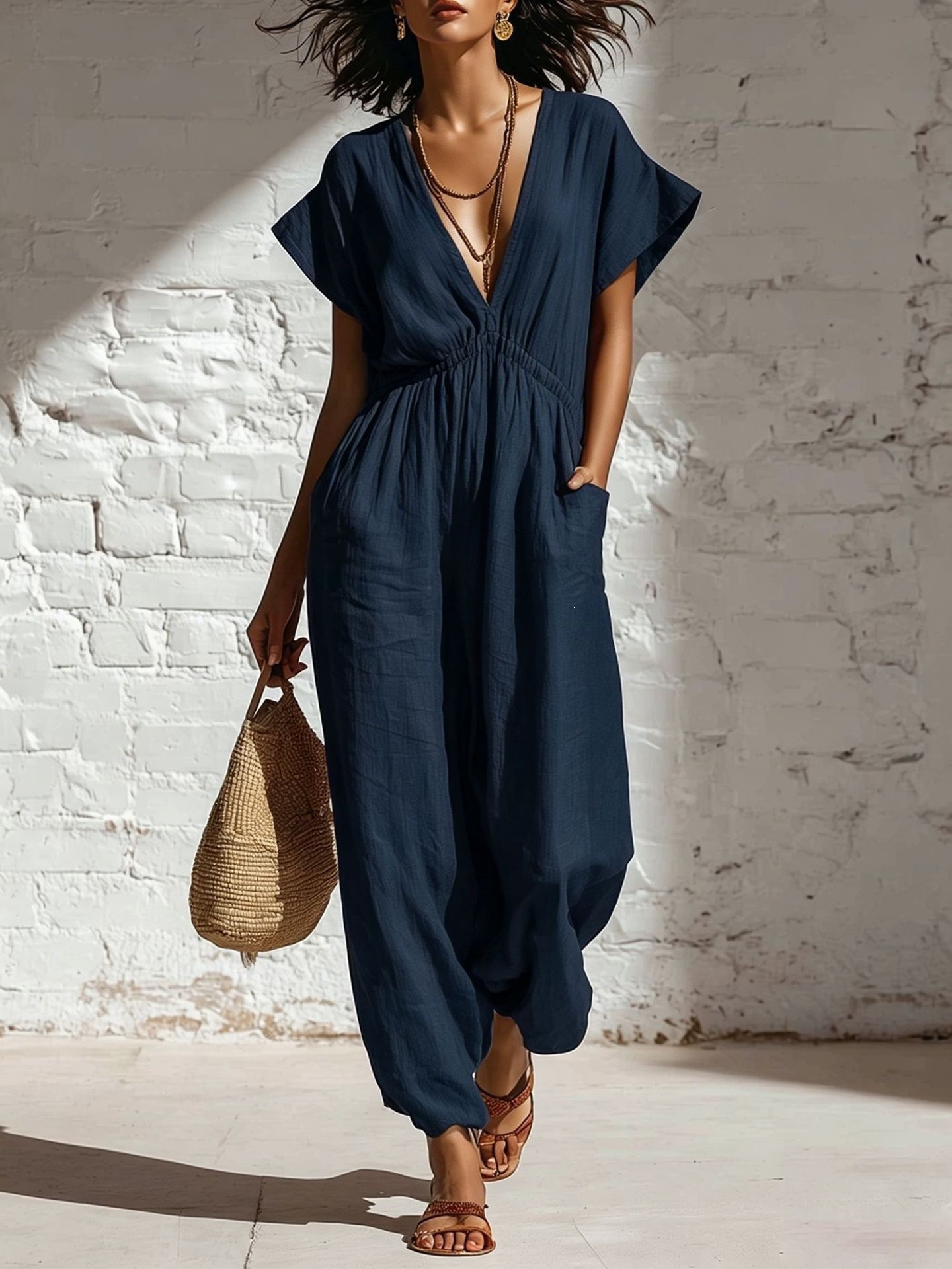 Women's Summer Deep V-Neck Wide-Leg Jumpsuit with Waist Tie Streetwear